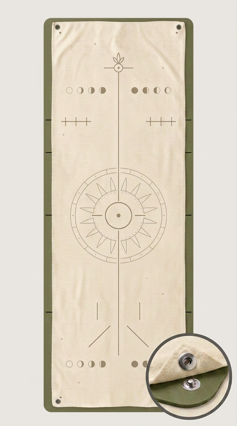 Tenri mat in Olive with the crème snap-on towel on top, edge marks showing on both sides, with a close-up of a corner snap