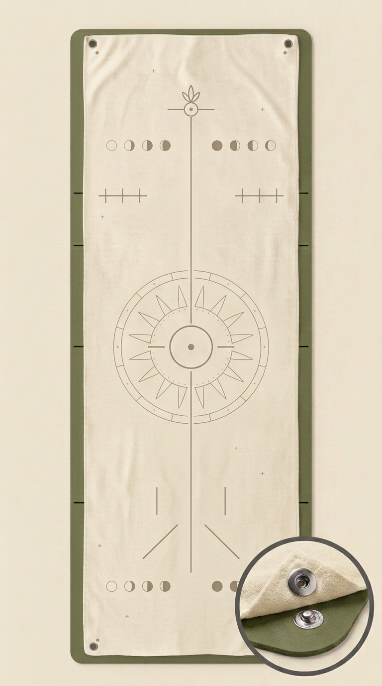 Crème towel on an Olive Tenri mat, with visible alignment edges and a corner snap close-up